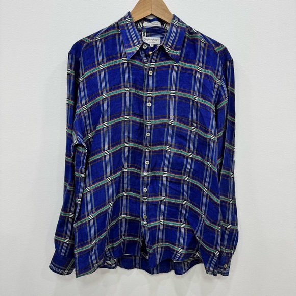 Vintage Yves Saint Laurent long Sleeve Plaid Button Down Shirt 100% cotton Blue - Picture 1 of 3